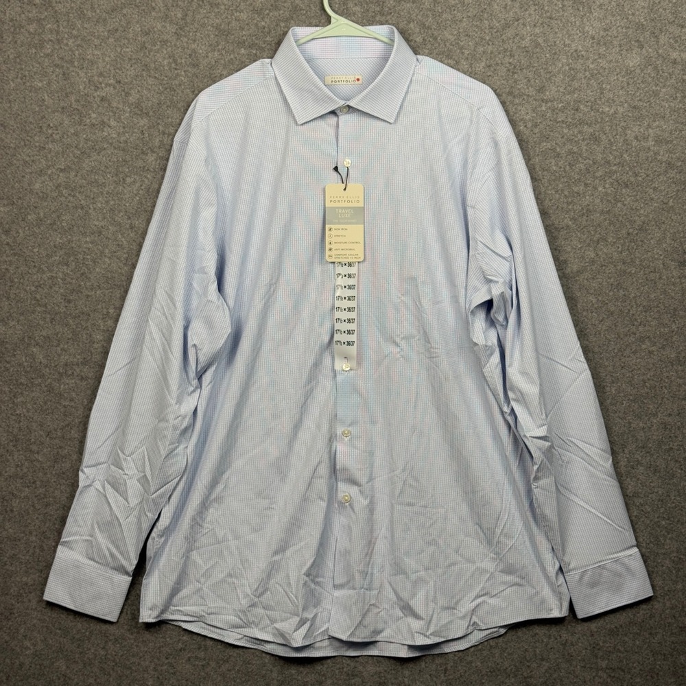Perry Ellis Portfolio Travel Luxe Tech Shirt Mens 17.5 Non Iron Stretch Blue